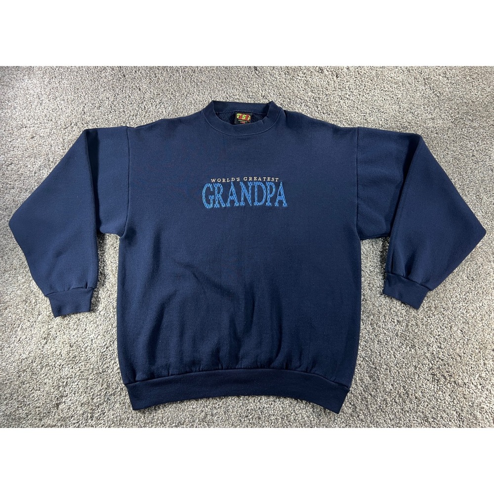 Vintage 90s TSI Navy Blue Sweatshirt Mens L Worlds Greatest Grandpa Embroidered
